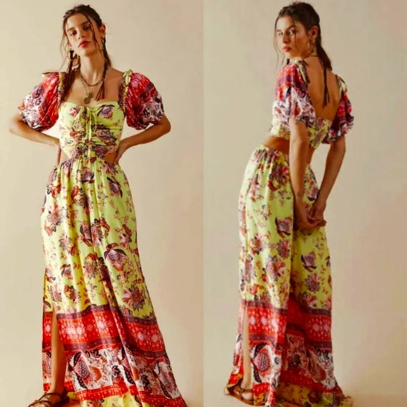 Free People Bali Citrus Skies Jumpsuit in Lemon Mango size Medium Resort Vaca - Picture 1 of 9